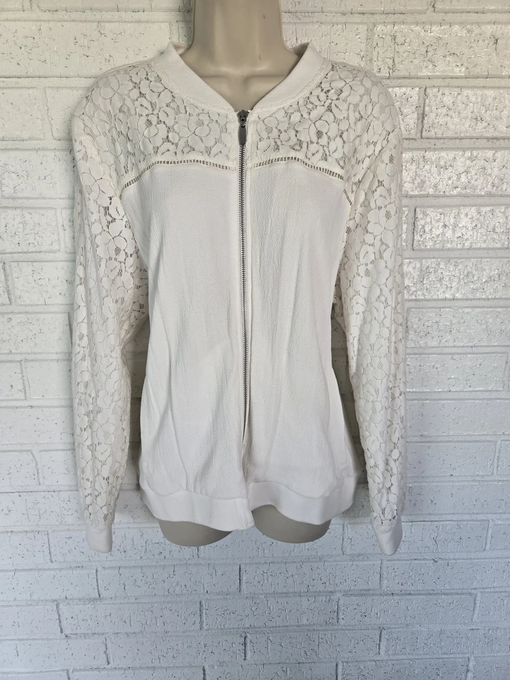 1210 Christopher & Banks White Lace-Sleeve Zip Bomber Jacket